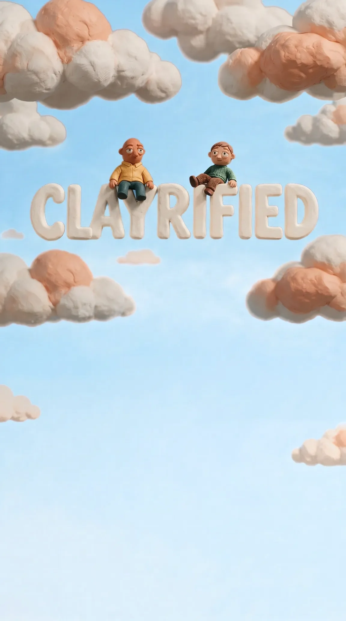 Zwei Knetfiguren sitzen auf dem Schriftzug Clayrified aus weißer Knete, in einem blauen Himmel mit Knetwolken
